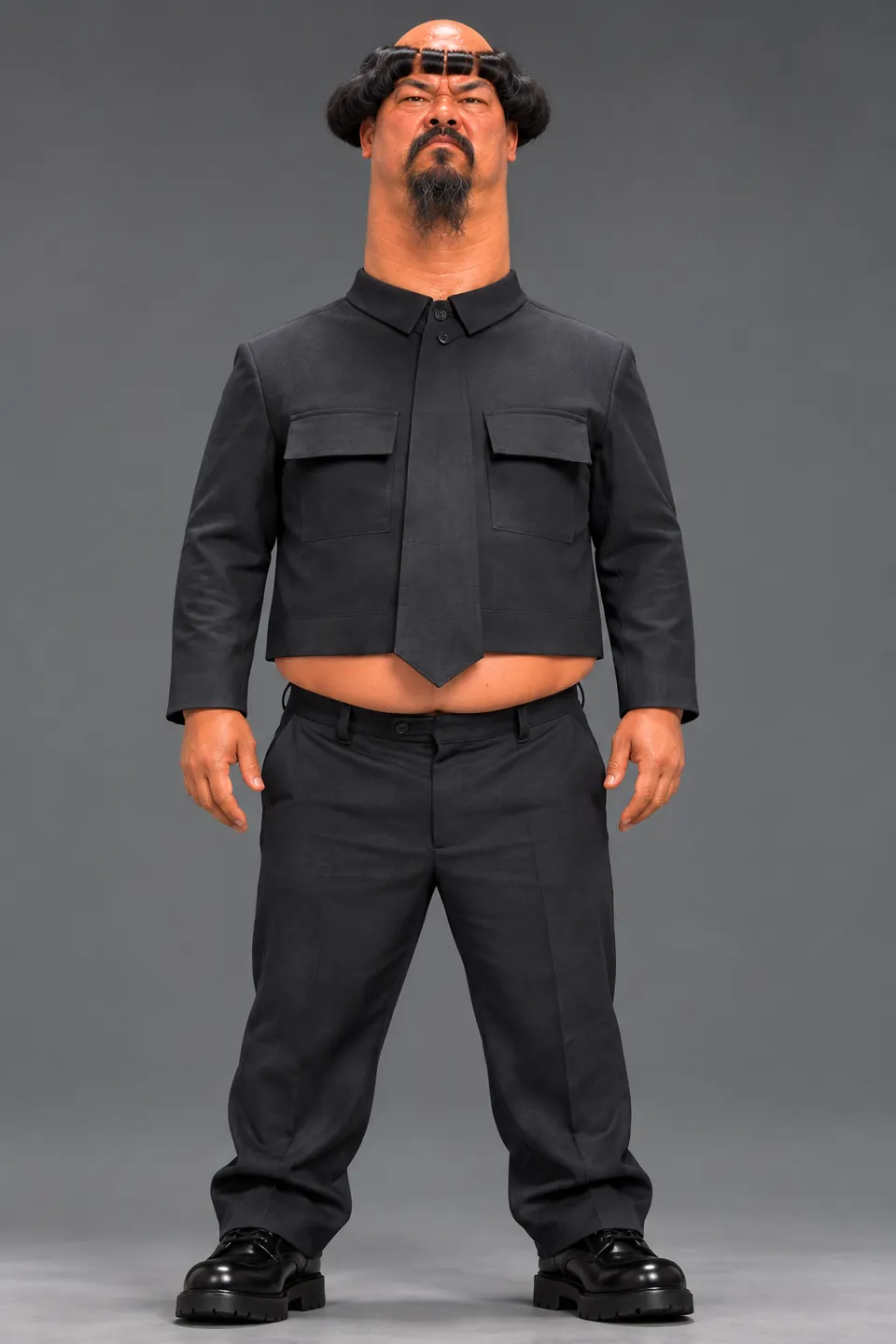 UG LEE in cropped black tailoring, exposed belly and oversized black shoes, photographed full-length in a grey studio.